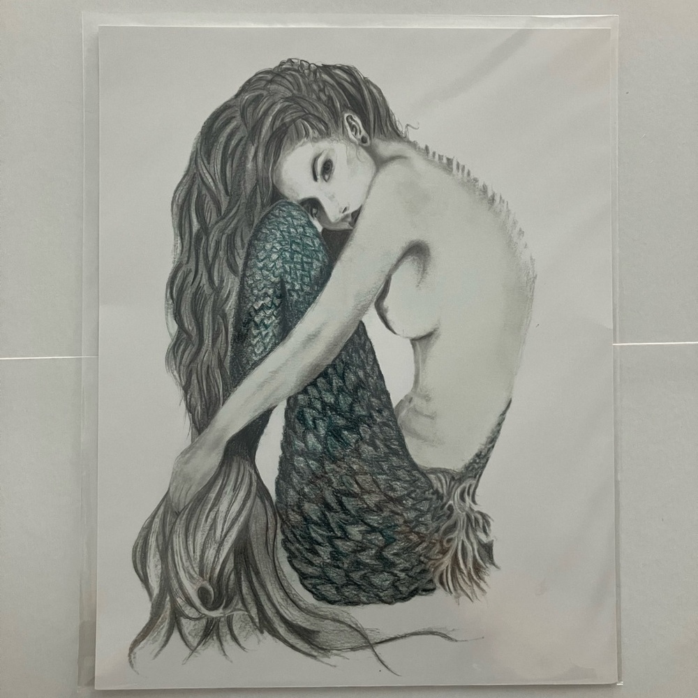 Enigmatic Print Of A Mermaid Illustration in Gray and Blue